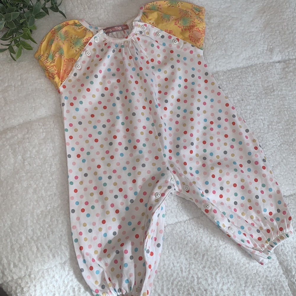 NWT Jelly the Pug Polka Dot Romper 9M Yellow & Pink